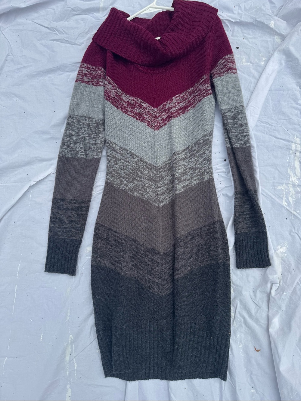 BCX Chevron Stripe Cowl Neck Sweater Dress in Burgundy and Gray Tones